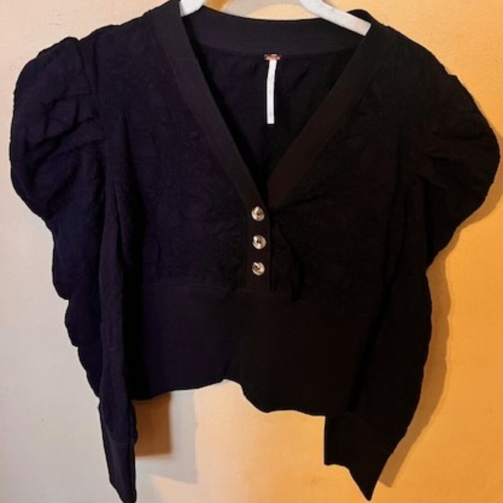 Free People Black Shirt Floral Pattern, Gathered Puffed Shoulders, front buttons